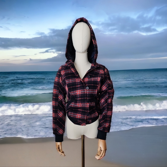 Billabong Short Navy Blue and Red Plaid Jacket, EUC - Picture 7 of 9